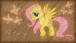 Size: 1920x1080 | Tagged: safe, artist:jamey4, imported from derpibooru, fluttershy, pegasus, pony, cutie mark, female, gradient background, looking at you, mare, name, smiling, smiling at you, solo, spread wings, wallpaper, wings