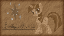 Size: 1920x1080 | Tagged: safe, artist:jamey4, imported from derpibooru, twilight sparkle, pony, unicorn, cutie mark, female, gradient background, looking at you, mare, name, sepia, smiling, smiling at you, solo, unicorn twilight, wallpaper