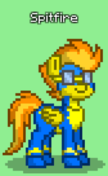 Size: 504x816 | Tagged: safe, imported from derpibooru, spitfire, pegasus, pony, pony town, clothes, goggles, green background, simple background, solo, uniform, wonderbolts uniform