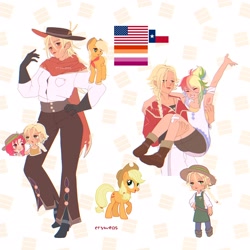 Size: 2048x2048 | Tagged: safe, artist:cryweas, imported from derpibooru, apple bloom, applejack, rainbow dash, earth pony, human, pony, alternate hairstyle, american flag, appledash, applejack's hat, apron, armpits, bandaid, bandana, belt, boots, clothes, cowboy boots, cowboy hat, denim, farmer's tan, female, freckles, gloves, hat, humanized, jeans, jewelry, lesbian, lesbian pride flag, necklace, open mouth, overalls, pants, poncho, pride, pride flag, raised hoof, reference sheet, scar, shipping, shirt, shoes, shorts, siblings, sisters, sports bra, tan lines, tanktop, texas, unshorn fetlocks