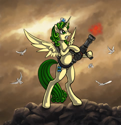 Size: 757x783 | Tagged: safe, artist:choedan-kal, imported from derpibooru, oc, oc:auntie dote, alicorn, bird, dove, pony, female, mare, medigun, solo, team fortress 2