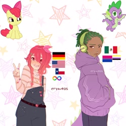 Size: 2048x2048 | Tagged: safe, artist:cryweas, imported from derpibooru, apple bloom, spike, dragon, earth pony, human, pony, alternate hairstyle, american flag, apple bloom's bow, belt, bisexual pride flag, bow, bracelet, braces, clothes, dark skin, denim, dreadlocks, duo, eyebrow piercing, female, filly, foal, freckles, german, germany, hair bow, headphones, hoodie, humanized, jeans, jewelry, mexican, mexican flag, necklace, nonbinary, nonbinary pride flag, nose piercing, nose ring, older, overalls, pants, peace sign, piercing, pride, pride flag, ring, shirt, sitting, teenager, texas, winged spike, wings