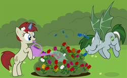 Size: 2500x1535 | Tagged: artist needed, safe, imported from derpibooru, oc, oc only, bat pony, bat pony unicorn, hybrid, pony, unicorn, bat pony oc, blue rose, bush, cute, daaaaaaaaaaaw, duo, flapping wings, flower, flying, horn, rose, smiling, unicorn oc, wings