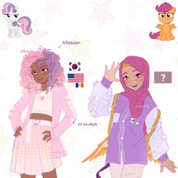 Size: 2048x2048 | Tagged: safe, artist:cryweas, imported from derpibooru, rainbow dash, scootaloo, sweetie belle, human, pegasus, pony, unicorn, alternate hairstyle, american flag, bag, belt, cardigan, clothes, dark skin, denim, duo, female, filly, foal, hijab, humanized, islam, jeans, jersey, jewelry, korean, midriff, nail polish, necklace, older, pants, ring, shirt, skirt, south korea, teenager, waving