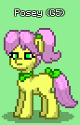 Size: 516x804 | Tagged: safe, imported from derpibooru, earth pony, pony, pony town, bow, g5, green background, jewelry, necklace, posey bloom, simple background, solo