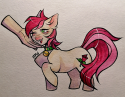 Size: 2804x2180 | Tagged: safe, artist:13pw, imported from derpibooru, roseluck, human, pony, behaving like a cat, collar, commission, commissioner:doom9454, cute, fangs, hand, pet tag, petting, pony pet, rosepet, traditional art