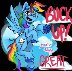 Size: 695x688 | Tagged: safe, artist:2strangecrows, imported from derpibooru, rainbow dash, pegasus, pony, dimples, goggles, motivational, rainbow, solo