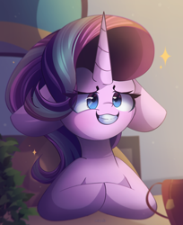 Size: 2200x2700 | Tagged: safe, artist:miryelis, imported from derpibooru, phyllis, starlight glimmer, pony, unicorn, big ears, cup, cute, eye clipping through hair, facial expressions, floppy ears, glimmerbetes, gradient mane, grin, high res, hooves, hooves together, horn, plant, scene interpretation, smiling, solo, sparkles, starlight's office, table