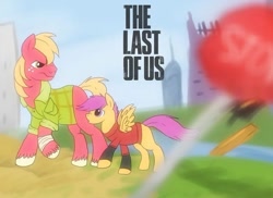 Size: 712x519 | Tagged: safe, artist:daffidaizy, imported from derpibooru, big macintosh, scootaloo, earth pony, pegasus, pony, clothes, ellie, female, filly, foal, joel, male, parody, shirt, stallion, the last of us