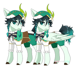 Size: 1920x1698 | Tagged: safe, artist:pinkerminty, imported from derpibooru, earth pony, pegasus, pony, beanie, clothes, duality, hat, ponified, simple background, transparent background, venti (genshin impact)