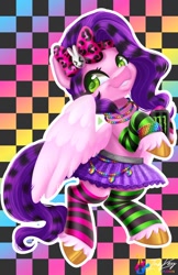 Size: 792x1224 | Tagged: safe, artist:inkkeystudios, imported from derpibooru, pipp petals, pegasus, pony, adorapipp, bow, clothes, cute, g5, hair bow, scene hair, scene kid, skirt, smiling, socks, solo, spread wings, striped socks, wings