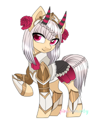 Size: 1920x2313 | Tagged: safe, artist:pinkerminty, imported from derpibooru, pony, clothes, genshin impact, horns, noelle (genshin impact), ponified, simple background, transparent background