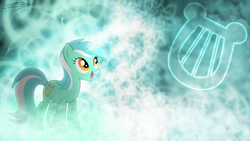 Size: 1920x1080 | Tagged: safe, artist:jamey4, imported from derpibooru, lyra heartstrings, pony, unicorn, abstract background, cutie mark, female, mare, open mouth, open smile, signature, smiling, solo, wallpaper