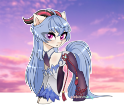 Size: 1920x1678 | Tagged: safe, artist:pinkerminty, imported from derpibooru, goat, pony, clothes, eye clipping through hair, eyebrows, eyebrows visible through hair, ganyu (genshin impact), genshin impact, horns, open mouth, ponified