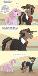 Size: 1280x2562 | Tagged: safe, artist:lolepopenon, imported from derpibooru, oc, oc:oliver, oc:sweet tales, earth pony, pony, unicorn, ask billie the kid, comic, duo, female, glasses, hat, male, mare, stallion
