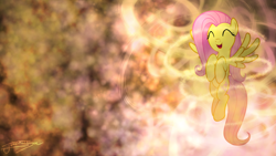 Size: 1920x1080 | Tagged: safe, artist:jamey4, edit, imported from derpibooru, fluttershy, pegasus, pony, abstract background, cute, female, flying, mare, open mouth, open smile, shyabetes, signature, smiling, solo, wallpaper, wallpaper edit