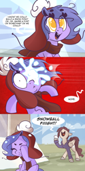 Size: 1280x2562 | Tagged: safe, artist:lolepopenon, imported from derpibooru, oc, oc:billie, oc:pepper, earth pony, pegasus, pony, ask billie the kid, comic, duo, female, filly, foal, glasses, hat, mare, pain, snowball, snowball fight