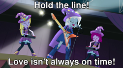 Size: 1280x714 | Tagged: safe, edit, edited screencap, imported from derpibooru, screencap, fuchsia blush, lavender lace, trixie, human, equestria girls, rainbow rocks, caption, electric guitar, guitar, hold the line, image macro, musical instrument, playing instrument, rock (music), singing, song reference, stage, text, toto (band), trixie and the illusions