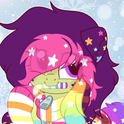 Size: 2048x2048 | Tagged: safe, artist:moonydropps, imported from derpibooru, oc, oc only, pony, candy, candy cane, clothes, female, food, hair, mane, mare, scarf, snow, snowfall, socks, solo, stars, striped scarf, striped socks