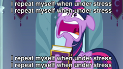 Size: 1280x720 | Tagged: safe, edit, edited screencap, imported from derpibooru, screencap, twilight sparkle, alicorn, pony, book, caption, image macro, indiscipline, king crimson, solo, song reference, text, twilight sparkle (alicorn)