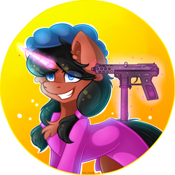 Size: 2020x2020 | Tagged: safe, artist:yuris, imported from derpibooru, oc, oc only, oc:stacey, pony, unicorn, clothes, commission, ears up, female, gun, madness, magic, smiling, solo, telekinesis, weapon