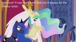 Size: 1280x720 | Tagged: safe, edit, edited screencap, imported from derpibooru, screencap, princess celestia, princess luna, alicorn, pony, derpibooru, caption, image macro, meta, scroll, text