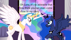 Size: 1365x768 | Tagged: safe, imported from derpibooru, screencap, princess celestia, princess luna, alicorn, pony, derpibooru, caption, image macro, meta, text