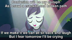 Size: 1280x720 | Tagged: safe, edit, edited screencap, imported from derpibooru, screencap, coloratura, pony, caption, epitaph, image macro, king crimson, solo, song reference, text