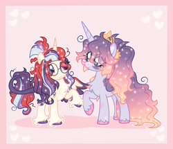 Size: 2048x1762 | Tagged: safe, artist:moonydropps, imported from derpibooru, oc, oc only, oc:moonie, oc:nightfall, alicorn, pony, crown, duo, duo female, female, glasses, hair, horn, jewelry, mane, mare, regalia, smiling, tail, wings
