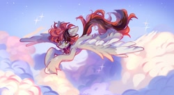 Size: 1280x698 | Tagged: safe, artist:vanilla-chan, imported from derpibooru, oc, oc only, pegasus, pony, cloud, flying, pegasus oc, sky, solo, sparkles, spread wings, wings