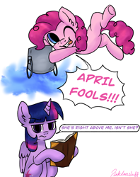 Size: 1948x2460 | Tagged: safe, artist:pinkdoesstuff, imported from derpibooru, pinkie pie, twilight sparkle, alicorn, earth pony, pony, april fools, april fools 2023, book, bucket, cute, dialogue, diapinkes, duo, duo female, female, irritated, looking at you, prank, simple background, speech bubble, twilight sparkle (alicorn), twilight sparkle is not amused, unamused, water, white background