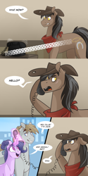 Size: 1280x2562 | Tagged: safe, artist:lolepopenon, imported from derpibooru, oc, oc:abigail, oc:jace jet, oc:oliver, earth pony, pony, unicorn, ask billie the kid, comic, phone, phone call, trio