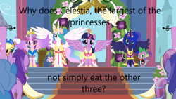 Size: 1280x720 | Tagged: safe, edit, edited screencap, imported from derpibooru, screencap, applejack, princess cadance, princess celestia, princess luna, spike, twilight sparkle, alicorn, pony, magical mystery cure, big crown thingy, caption, element of magic, futurama, image macro, jewelry, regalia, text, twilight sparkle (alicorn)