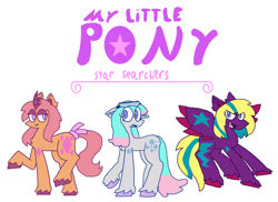 Size: 1049x762 | Tagged: safe, artist:stilbie, imported from derpibooru, oc, oc only, oc:dew diamond, oc:flurry thunder, oc:sparky circuit, earth pony, pegasus, pony, unicorn, bow, chest fluff, colored ears, colored hooves, colored horn, colored wings, ear fluff, earth pony oc, female, g6, horn, logo, pegasus oc, simple background, tail, tail bow, trio, trio female, unicorn oc, unshorn fetlocks, white background, wings