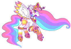 Size: 1079x740 | Tagged: safe, artist:stilbie, imported from derpibooru, princess celestia, alicorn, pony, alternative cutie mark placement, colored wings, crown, ear fluff, ear piercing, earring, facial cutie mark, female, hoof shoes, horn, horn jewelry, jewelry, leg bracelet, mare, peytral, piercing, rainbow power, rainbow power-ified, regalia, simple background, solo, white background, wings