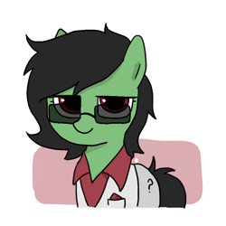 Size: 800x800 | Tagged: safe, artist:omelettepony, imported from derpibooru, oc, oc only, oc:filly anon, earth pony, pony, clothes, female, filly, glasses, looking at you, ponybooru import, simple background, smiling, solo, suit, tony montana