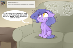 Size: 1280x854 | Tagged: safe, artist:lolepopenon, imported from derpibooru, oc, oc only, oc:billie, earth pony, pony, ask billie the kid, ask, couch, ears back, female, filly, foal, frown, solo