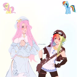 Size: 2048x2048 | Tagged: safe, alternate version, artist:cryweas, imported from derpibooru, fluttershy, rainbow dash, human, pegasus, pony, :p, alternate hairstyle, bag, bomber jacket, clothes, dress, duo, evening gloves, feather, female, fingerless elbow gloves, fingerless gloves, gloves, goggles, goggles on head, hat, humanized, jacket, jewelry, long gloves, mare, necklace, piercing, shorts, simple background, tanktop, tongue out, tongue piercing, white background