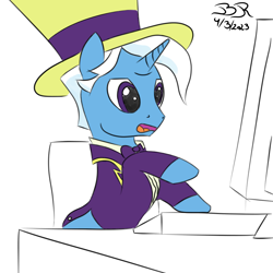 Size: 1000x1000 | Tagged: safe, artist:bifrose, imported from derpibooru, jack pot, pony, angry, clothes, computer, hat, male, simple background, solo, stallion, suit, typing, white background