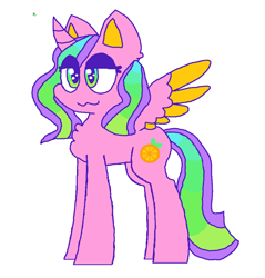 Size: 924x968 | Tagged: safe, artist:stilbie, imported from derpibooru, oc, oc only, oc:citrine, goat, goat pony, pony, chest fluff, colored ears, colored wings, female, gradient eyes, gradient mane, hybrid oc, mascara, not an alicorn, simple background, solo, white background, wings