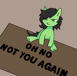 Size: 600x597 | Tagged: safe, artist:omelettepony, imported from derpibooru, oc, oc:filly anon, earth pony, pony, bags under eyes, carpet, drawthread, earth pony oc, female, filly, foal, looking at you, meme, pixel art, ponified, ponified animal photo, ponified meme, ponybooru import, sitting, text, unamused, underhoof