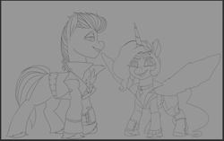 Size: 922x579 | Tagged: safe, artist:brainiac, imported from derpibooru, hitch trailblazer, pipp petals, earth pony, pegasus, pony, fallout equestria, brainiacs sketchbook (set), clothes, cosplay, costume, fallout, female, g5, jumpsuit, male, mare, stallion, vault suit