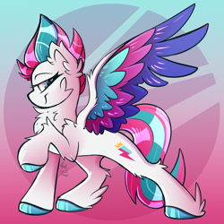 Size: 1500x1500 | Tagged: safe, artist:starcasteclipse, imported from derpibooru, zipp storm, pegasus, pony, chest fluff, colored hooves, colored wings, colored wingtips, concave belly, ear fluff, female, g5, leg fluff, mare, multicolored wings, profile, raised hoof, signature, slim, solo, spread wings, thin, wing fluff, wings