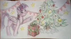 Size: 1261x699 | Tagged: safe, artist:taika403, imported from derpibooru, twilight sparkle, alicorn, pony, christmas, christmas tree, happy new year, holiday, present, traditional art, tree, twilight sparkle (alicorn)