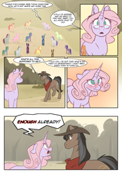 Size: 1280x1819 | Tagged: safe, artist:lolepopenon, imported from derpibooru, oc, oc:oliver, oc:ray o'sunshine, oc:sweet tales, earth pony, pegasus, pony, unicorn, ask billie the kid, comic, female, glasses, hat, male, mare, stallion