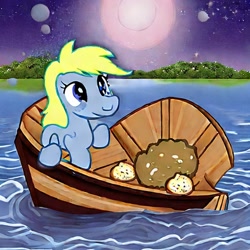 Size: 768x768 | Tagged: safe, imported from derpibooru, derpy hooves, pony, ai content, ai generated, boat, cute, female, food, generator:stable diffusion, machine learning abomination, mare, muffin, solo, water, wrong eye color