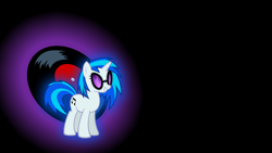 Size: 1920x1080 | Tagged: safe, artist:gurugrendo, imported from derpibooru, dj pon-3, vinyl scratch, pony, unicorn, black background, female, mare, record, simple background, smiling, solo, sunglasses, wallpaper