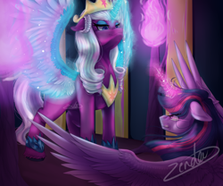 Size: 6000x5000 | Tagged: safe, artist:fastycolors08, imported from derpibooru, opaline arcana, twilight sparkle, alicorn, pony, the last problem, big crown thingy 2.0, crown, fight, g5, jewelry, older, older twilight, princess twilight 2.0, regalia, twilight sparkle (alicorn)