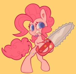 Size: 1580x1532 | Tagged: safe, artist:sunburst1ng, imported from derpibooru, pinkie pie, earth pony, pony, cupcakes hd, chainsaw, female, simple background, solo, yellow background