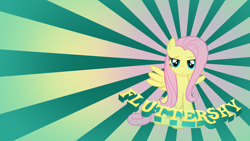 Size: 1920x1080 | Tagged: safe, artist:gurugrendo, artist:moongazeponies, edit, imported from derpibooru, fluttershy, pegasus, pony, abstract background, female, lidded eyes, looking at you, mare, name, smiling, smiling at you, solo, spread wings, sunburst background, wallpaper, wallpaper edit, wings